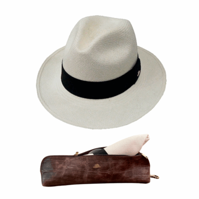 Kit Chapéu Panamá Fino Clássico Branco Palha e Estojo de Couro