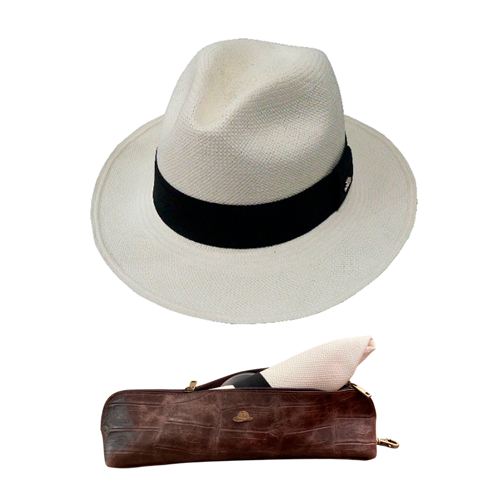 Kit Chapéu Panamá Fino Clássico Branco Palha e Estojo de Couro